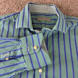 Jack Stone by Thomas Dean Mens L Long Sleeve Button Up Green Blue Striped Career